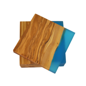 Square Olive Wood Coasters with Blue Resin Shoreline